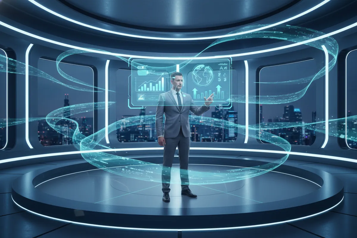 A futuristic workspace with a business leader standing before a holographic AI interface, surrounded by digital data streams, aqua and blue hues, and a sense of anticipation and progress.