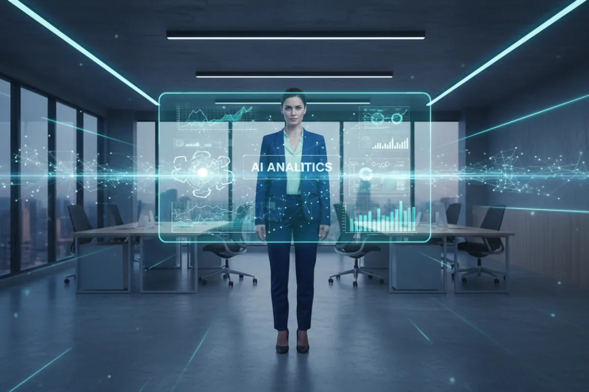 A confident business owner in a modern office, reviewing AI analytics on a transparent digital screen, with aqua and blue accents, clean lighting, and a sense of forward momentum.