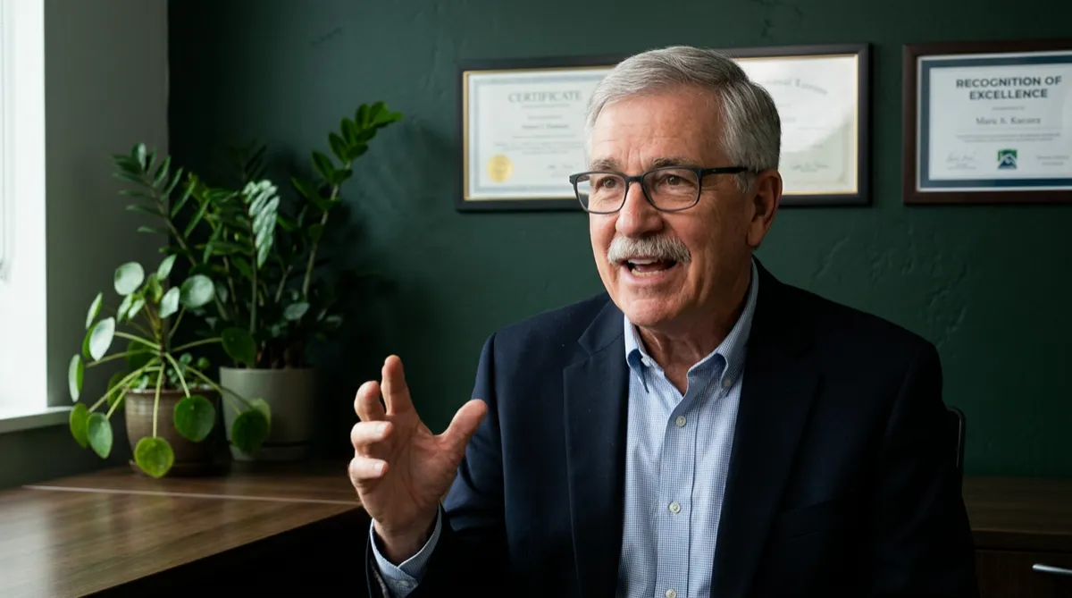 Video thumbnail of an older man with glasses and a mustache speaking, set against a dark green office wall with a plant and framed certificates