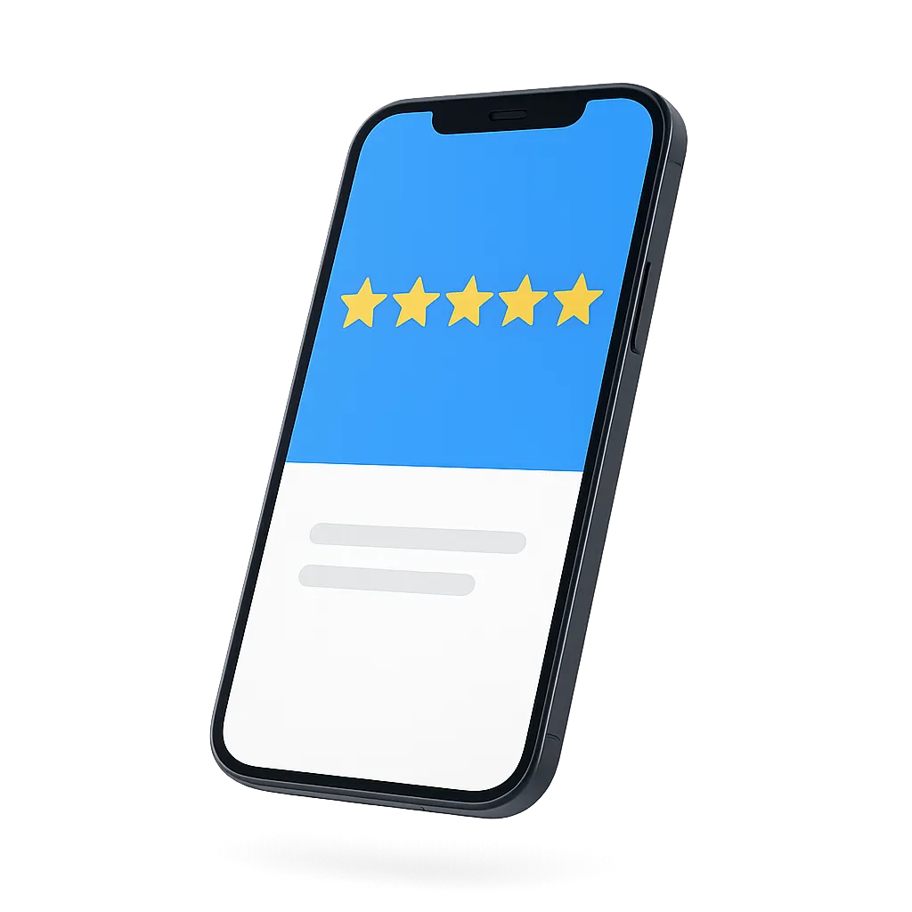 A sleek, modern smartphone hovering slightly, displaying a bright 5-star rating interface