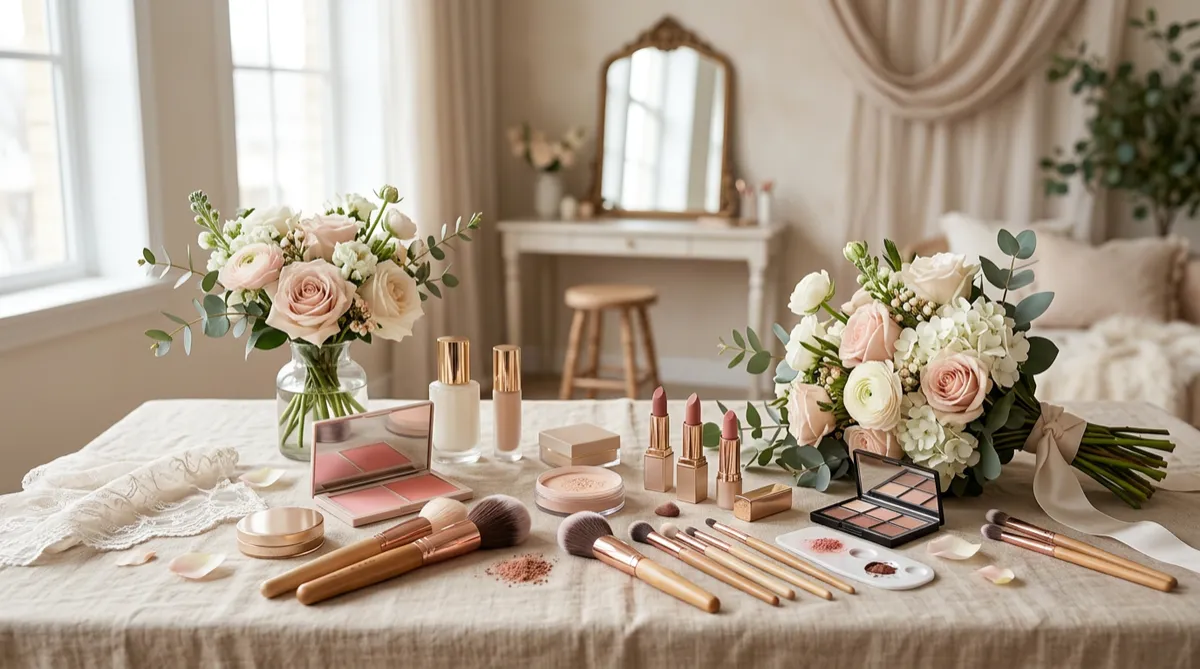 Bridal makeup studio flat-lay, soft natural light (landscape banner)