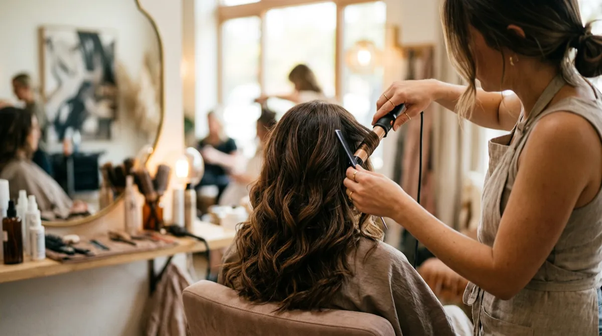 Behind-the-scenes hair styling in a bright salon (landscape banner)