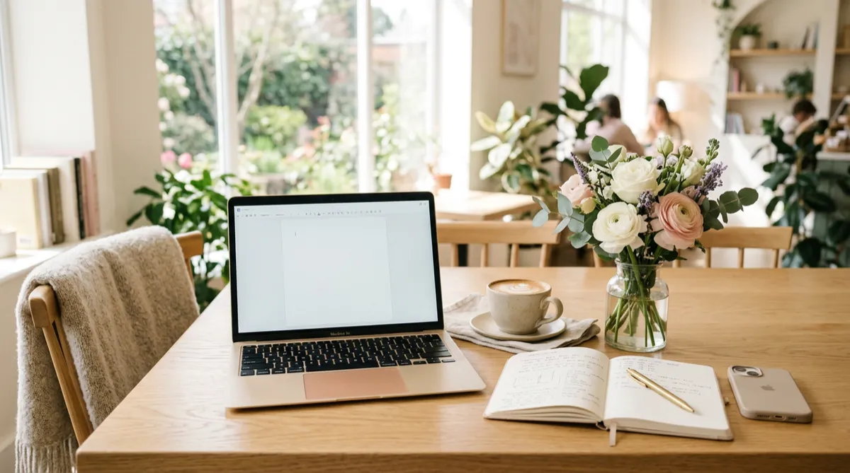 Cozy coffee-and-laptop workspace, airy natural light (landscape banner)