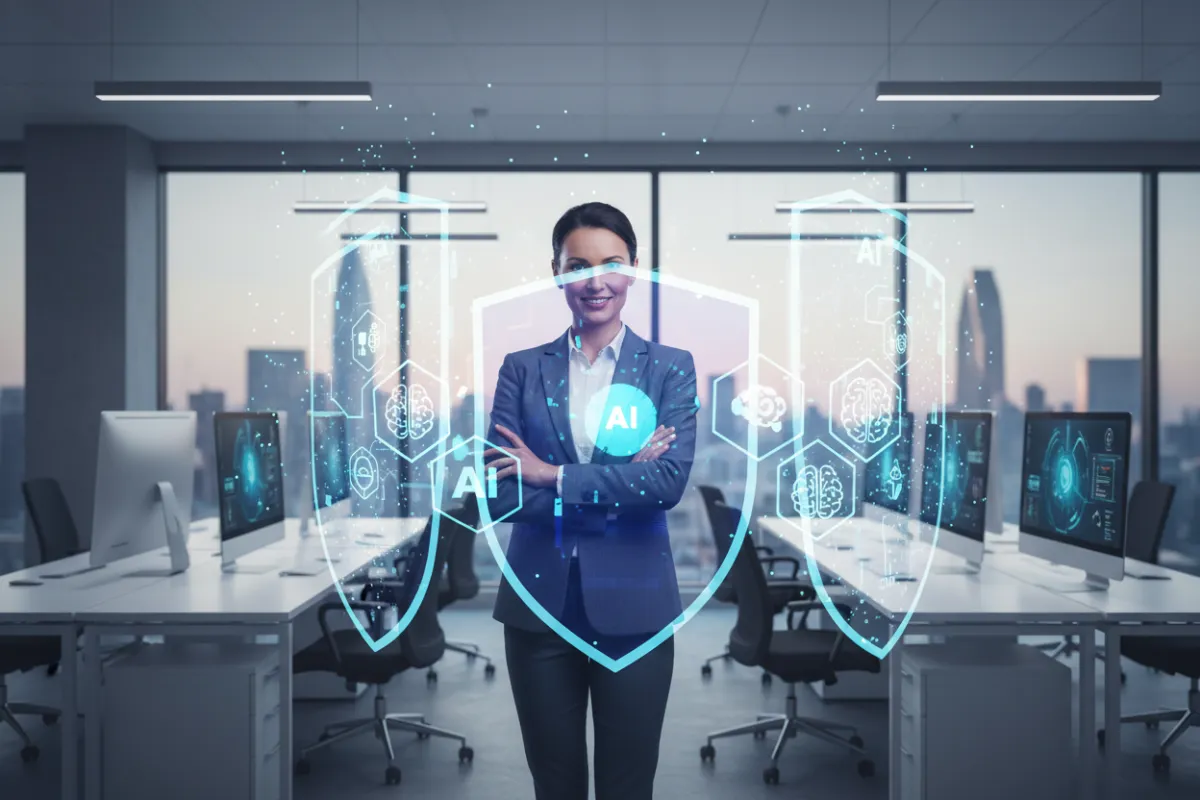 A confident small business owner stands in a modern office, surrounded by holographic shields and digital AI icons, symbolizing robust cybersecurity and AI protection. The scene is bright, professional, and forward-looking, with a 3:2 aspect ratio.