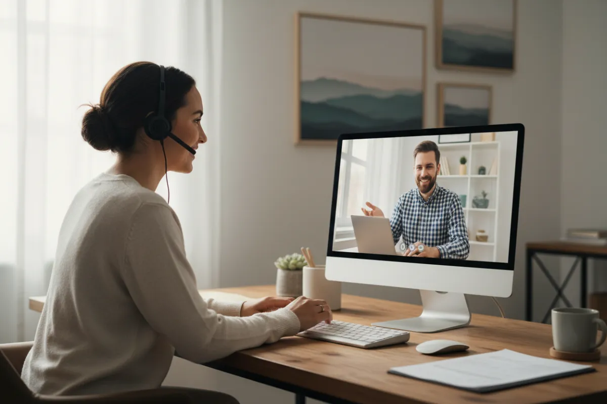 A friendly support specialist sits at a desk with a headset, engaging in a video call with a small business client. The workspace is neat and welcoming, with soft lighting and a 3:2 aspect ratio.