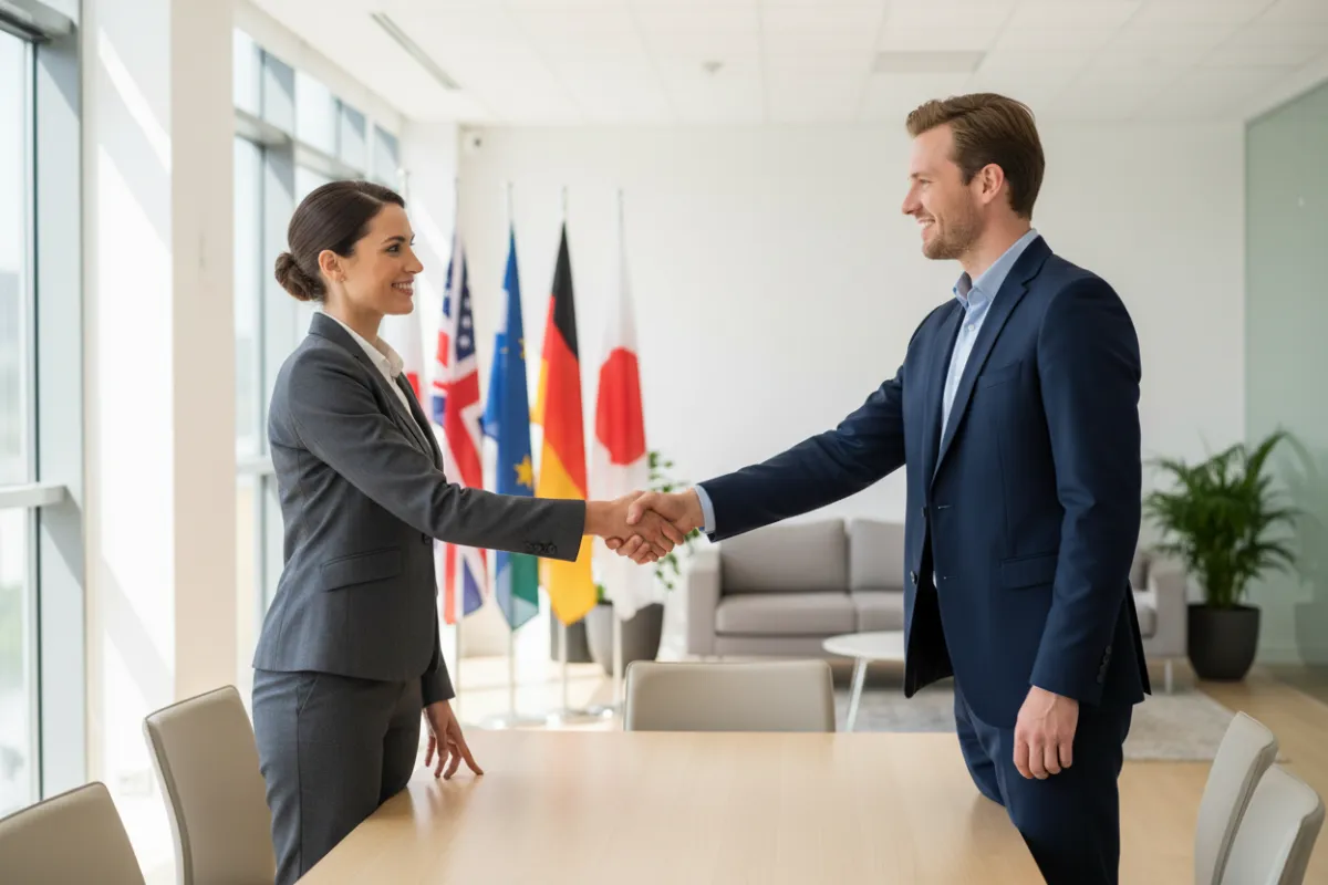 A professional consultant shaking hands with a client in a bright, modern office, both smiling, with international flags subtly visible in the background. 3:2 aspect ratio.