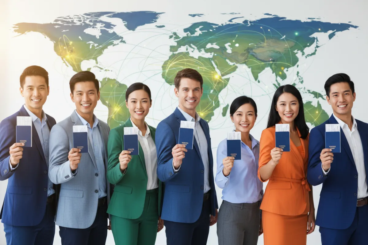 A diverse group of professionals standing together, each holding a passport, with a world map in the background, symbolizing global immigration opportunities. The image is vibrant, modern, and inclusive, with a 3:2 aspect ratio.