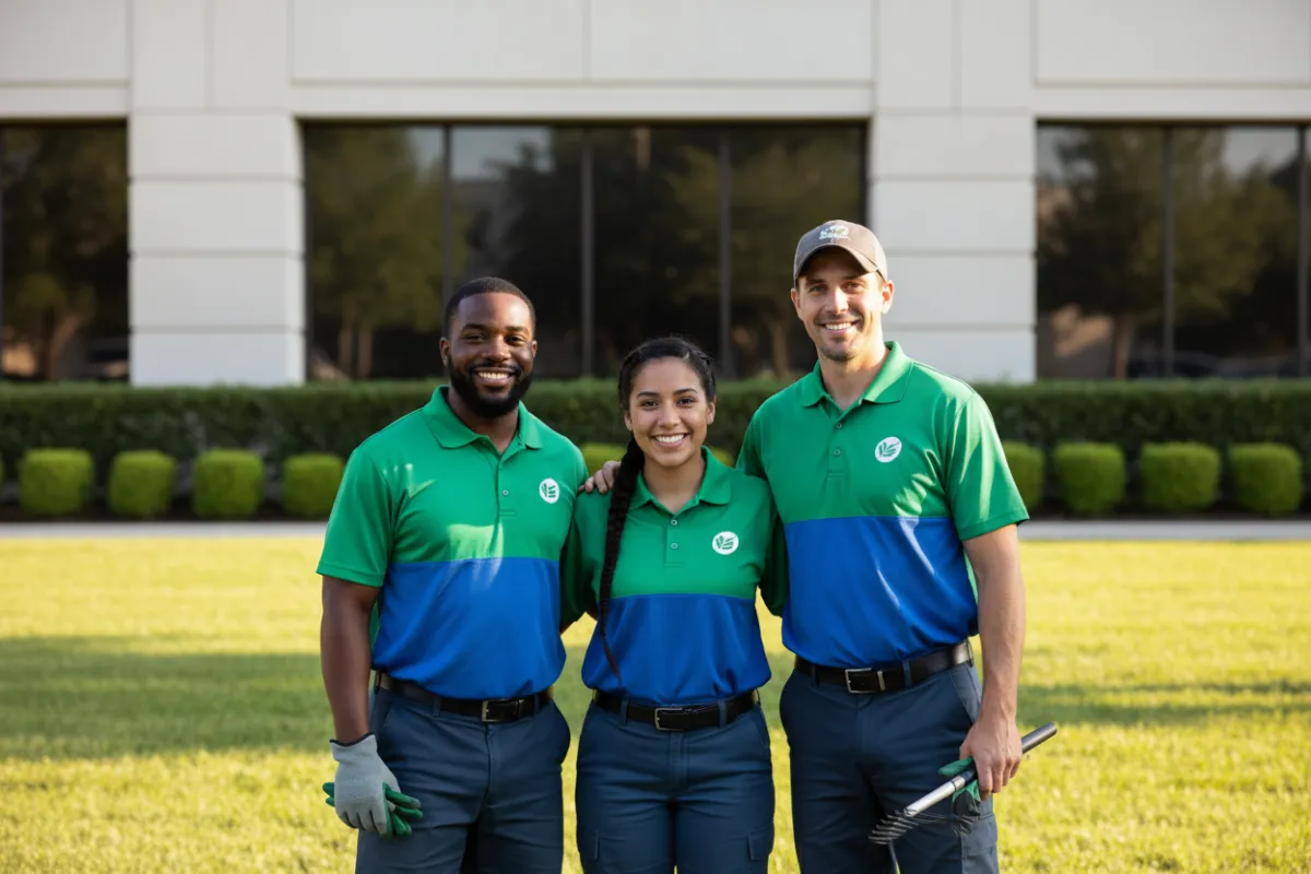 A diverse team of three lawn care professionals, two men and one woman, standing together in branded uniforms, smiling in front of a well-maintained commercial property with trimmed hedges and a manicured lawn. The setting is bright and welcoming, emphasizing teamwork and community.
