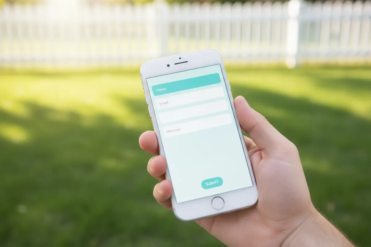 A hand holding a smartphone displaying a contact form, with a green lawn and white picket fence in the background.
