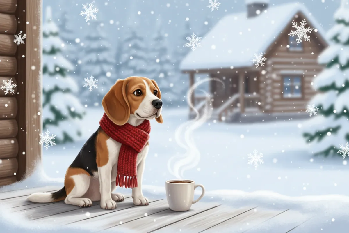 A modern eBook cover featuring a playful beagle in a red scarf, sitting beside a steaming mug on a wooden porch. Snow gently falls in the background, and the title 'Winter Readiness Guide for Dog Owners' is displayed in bold, friendly lettering. The design is clean and approachable, appealing to dog lovers.
