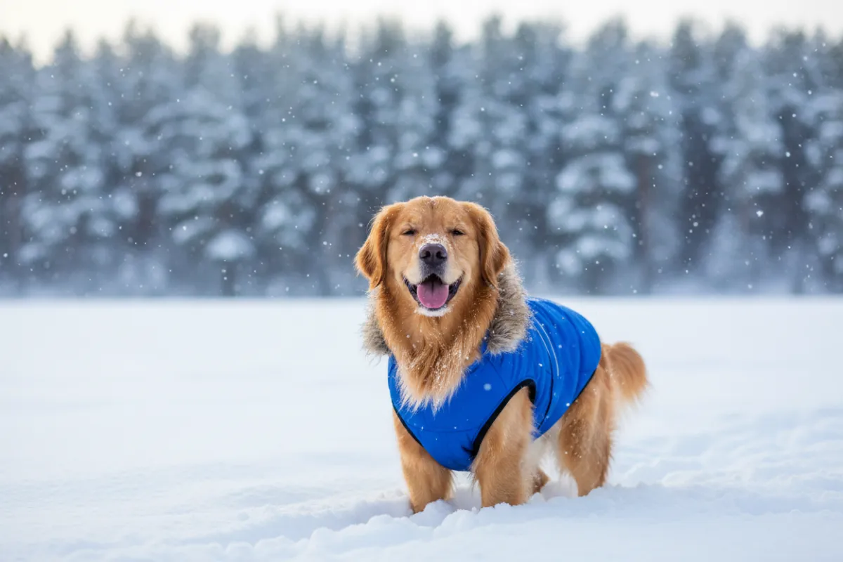 A golden retriever wearing a bright blue winter coat, standing in fresh snow with a joyful expression. The background features softly falling snowflakes and a blurred line of pine trees, evoking a crisp, cheerful winter morning. The image is vibrant and inviting, capturing the essence of winter readiness for dogs.