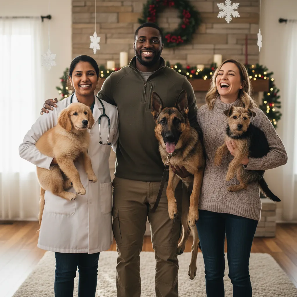 A diverse group of three pet care professionals—one veterinarian, one dog trainer, and one pet owner—standing together in a cozy indoor setting. Each person is smiling and holding a different breed of dog, with winter-themed decor in the background. The image is warm, friendly, and inclusive.