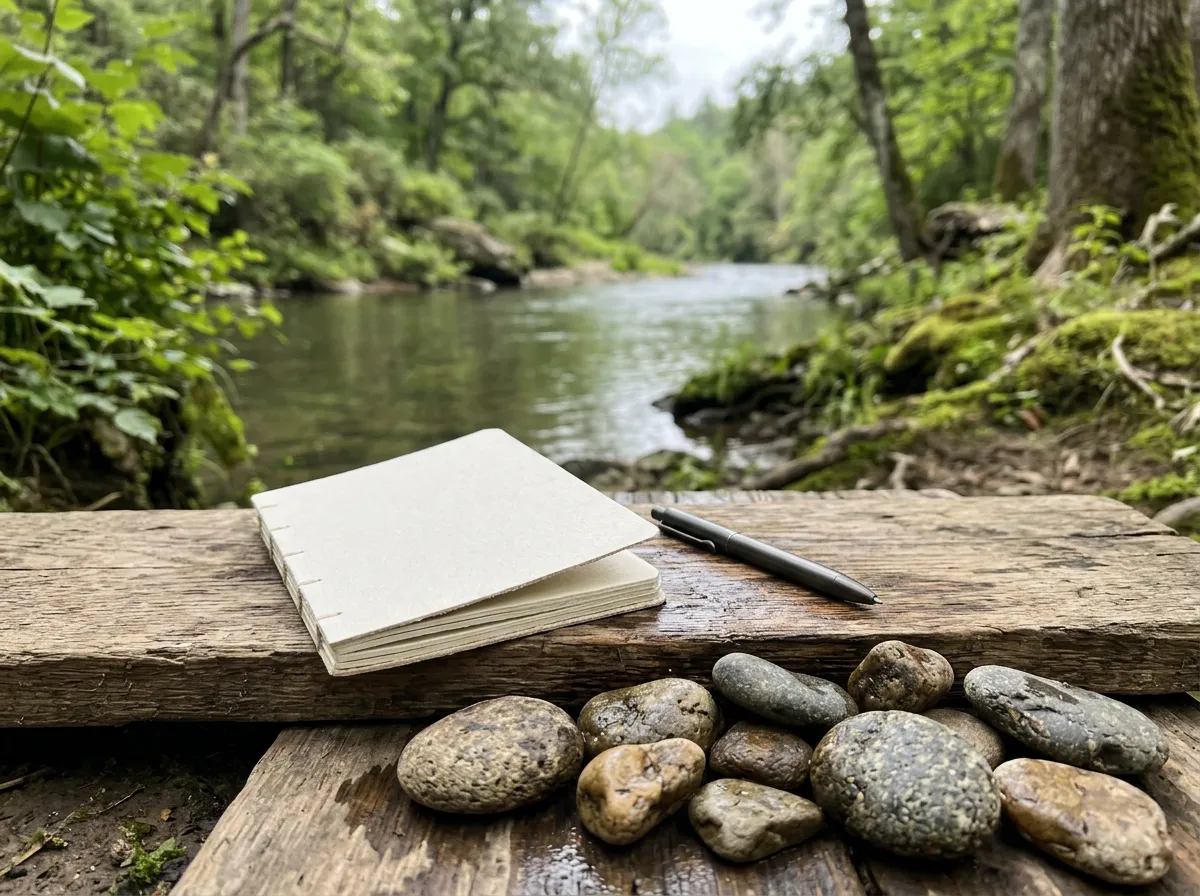 River stones with a notebook and pen outdoors