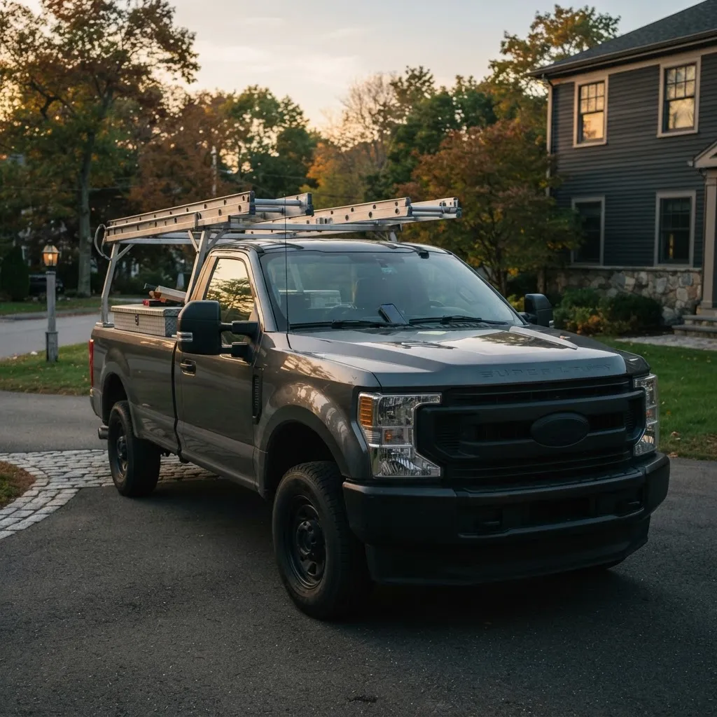 Work truck parked at a residential job site in the early morning