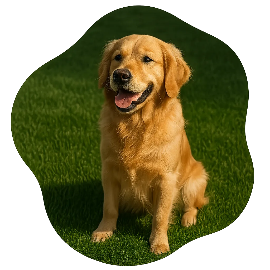 Joyful golden retriever running on pristine sanitized green grass