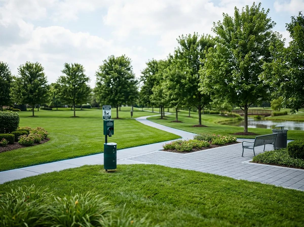 Clean, immaculate community park grounds with maintained pet waste station and manicured lawns