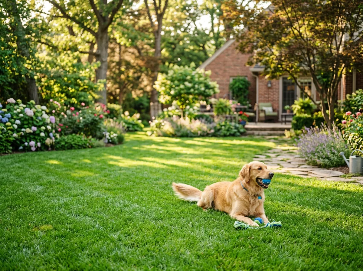 Pristine green residential backyard with healthy grass and playful dog space