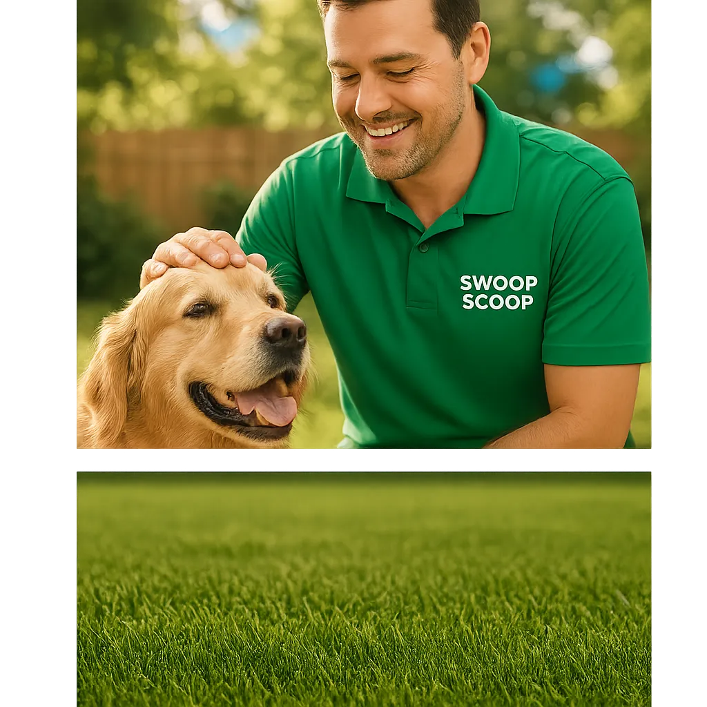 Friendly Swoop Scoop team specialist smiling and petting a happy golden retriever in a lush green backyard