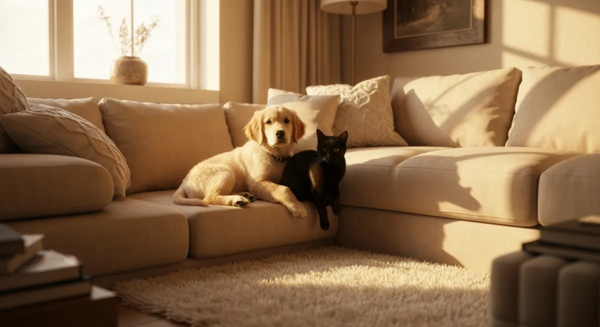 Happy dog and cat relaxing together