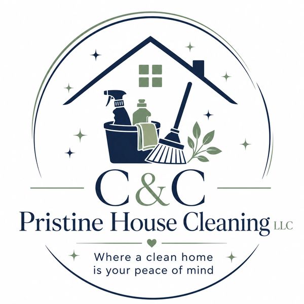 Logo for C&C Pristine House Cleaning featuring cleaning tools inside a house outline.