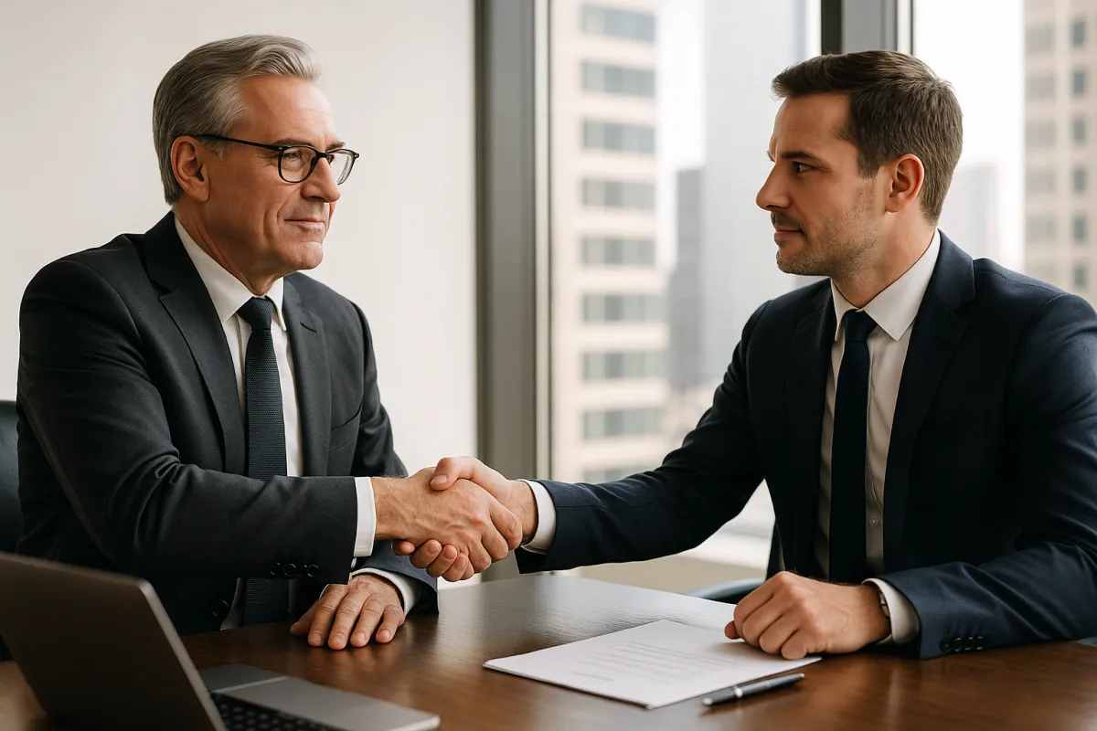Owner and private buyer shaking hands in a modern office during closing.