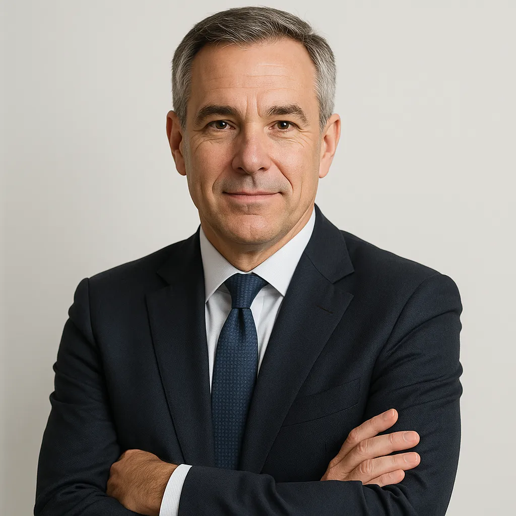 Portrait of seasoned M&A advisor in professional suit, neutral studio background