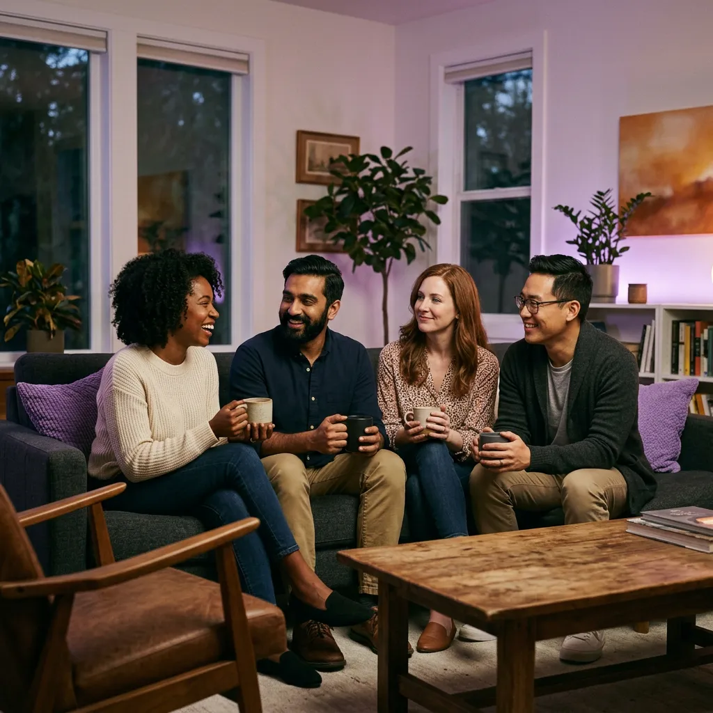 Fellowship small group gathered together warmly in a welcoming living room setting