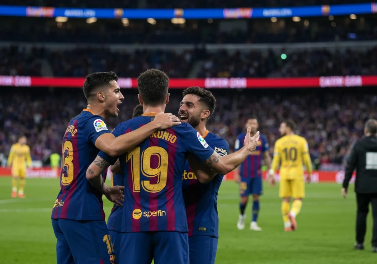 Jugadores de Barcelona SC celebrando en el estadio Monumental