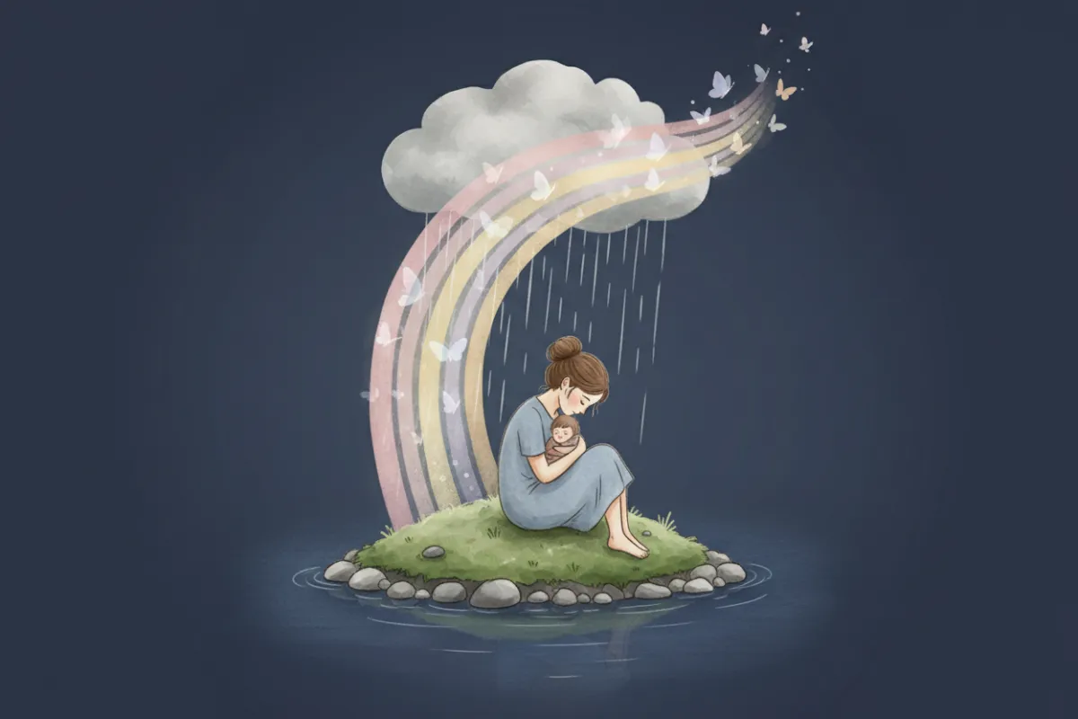Soft illustration of a tired mother sitting under a small raincloud that is slowly turning into a rainbow