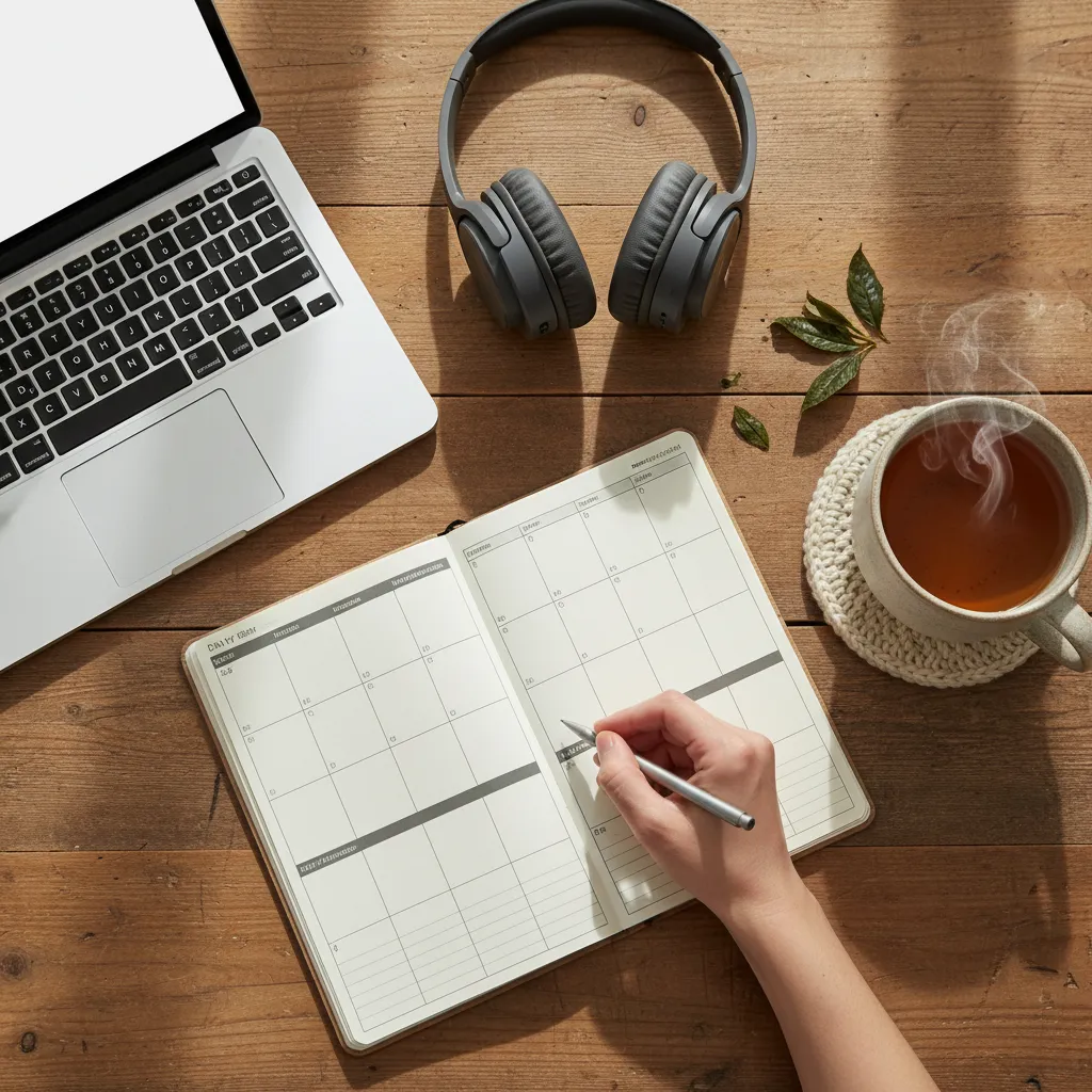 Flat lay of a laptop, planner, headphones, and a cup of tea on a wooden table, with a hand writing in the planner, cozy and organized, 1:1 aspect ratio