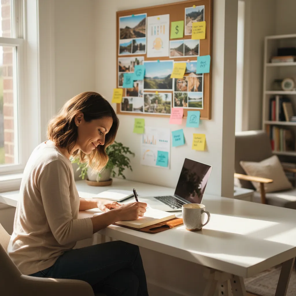 Woman in her 30s journaling at a sunlit desk, surrounded by vision boards and colorful sticky notes, focused and smiling, modern home office, 1:1 aspect ratio