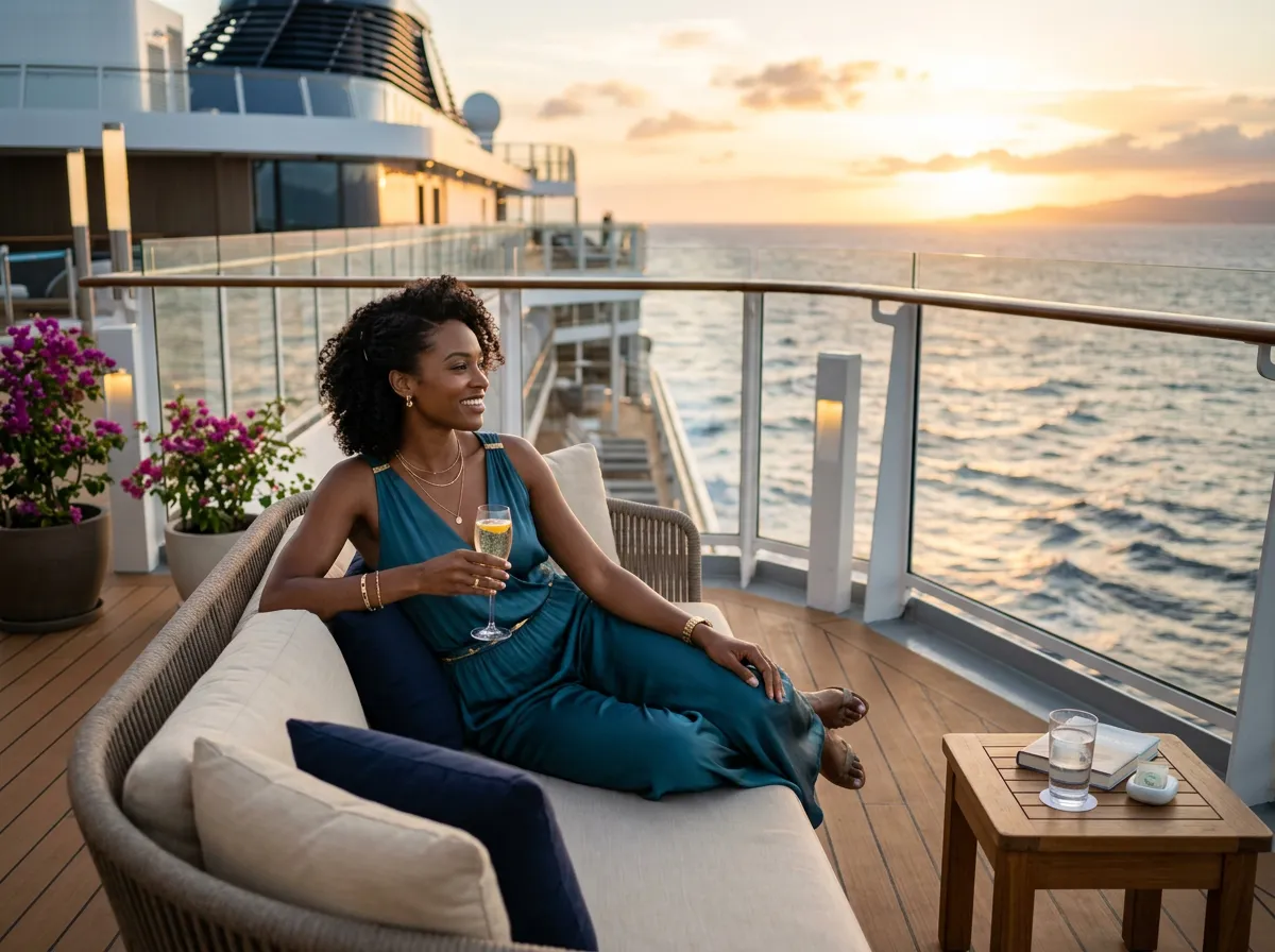 Woman of color enjoying a luxury cruise ship deck at golden hour