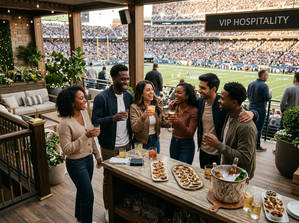 Diverse group of friends at an upscale football tailgate VIP hospitality experience