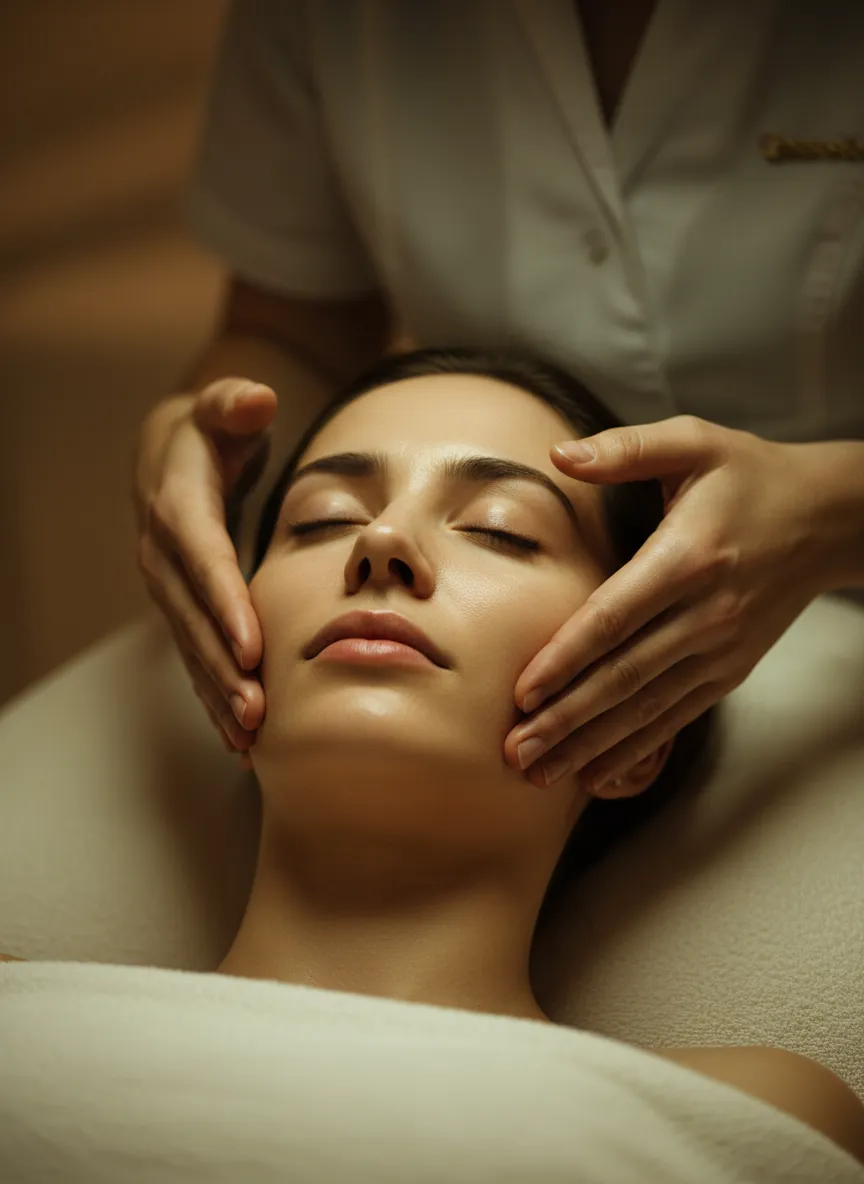 Cinematic facial treatment scene with warm lighting and luxury spa ambiance