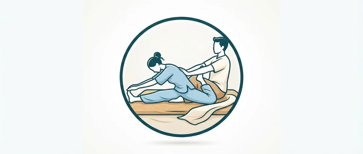 Circular icon depicting Thai massage stretches.