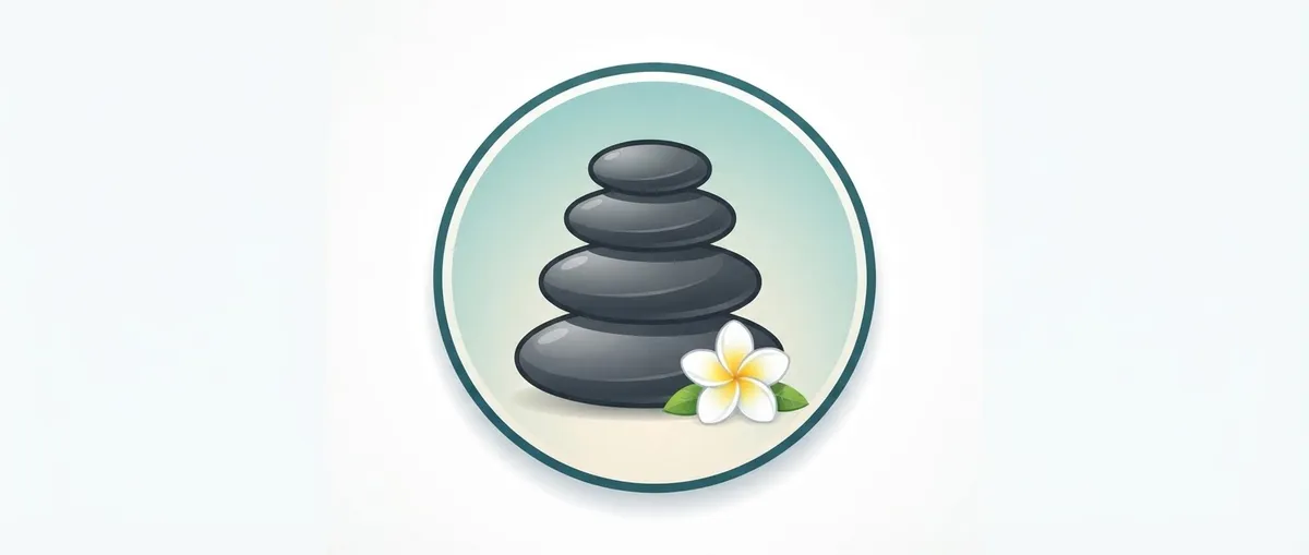 Circular icon depicting stacked massage stones with a flower.