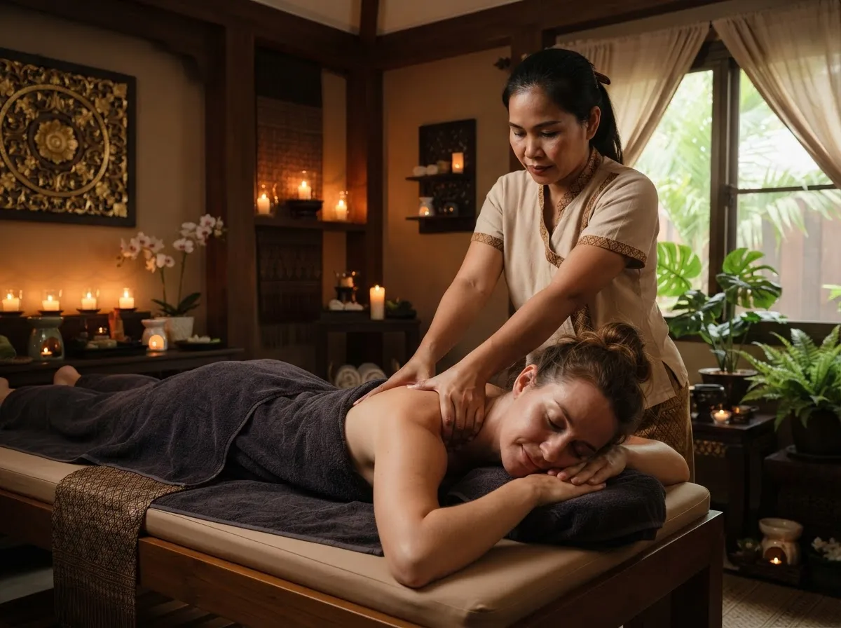 Head, neck and shoulder massage in a luxury Thai wellness setting.