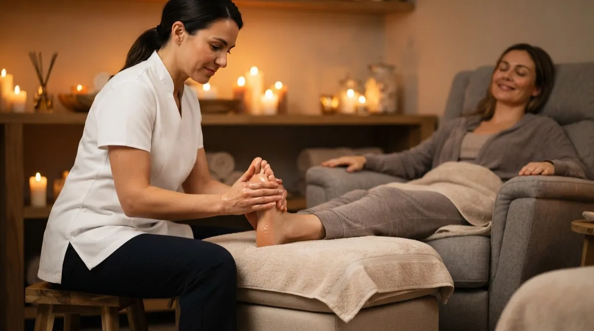 Photo of a person receiving a body massage, with candles in the foreground.