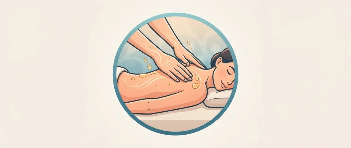 Circular icon depicting oil massage with hands massaging a back.