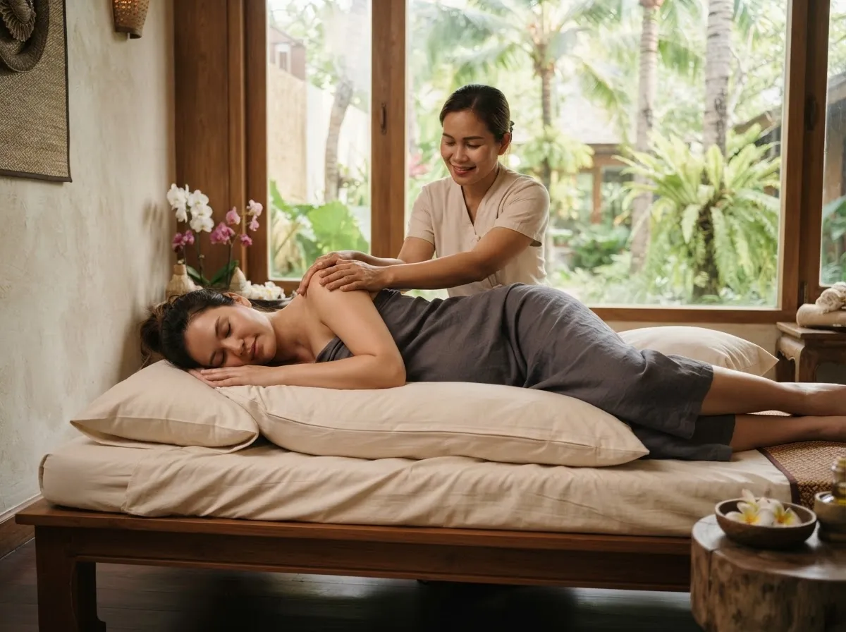 Prenatal massage in a calm Thai spa setting with supportive pillows.