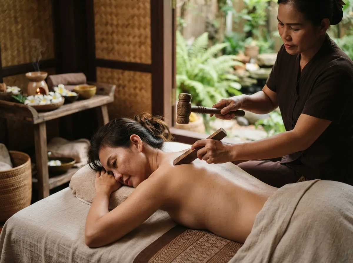 Tok Sen massage therapy in a traditional Thai wellness setting.