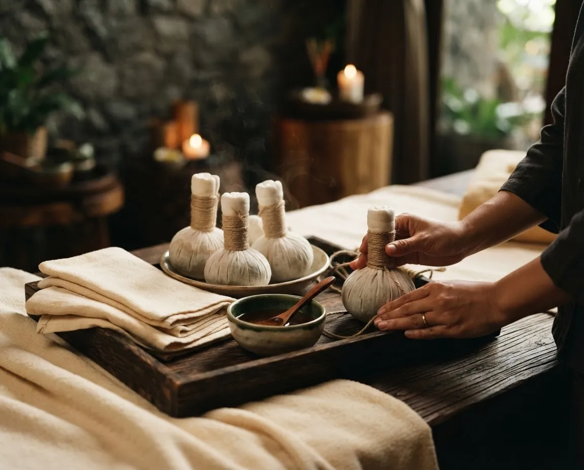 Serene luxury wellness setting with herbal compresses and tranquil ambience