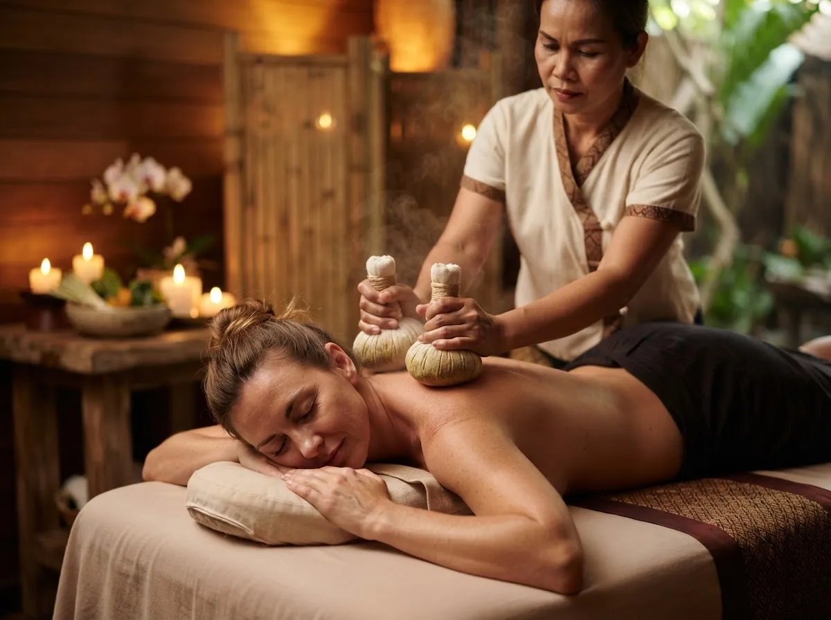 Herbal compress massage in a Thai spa setting.