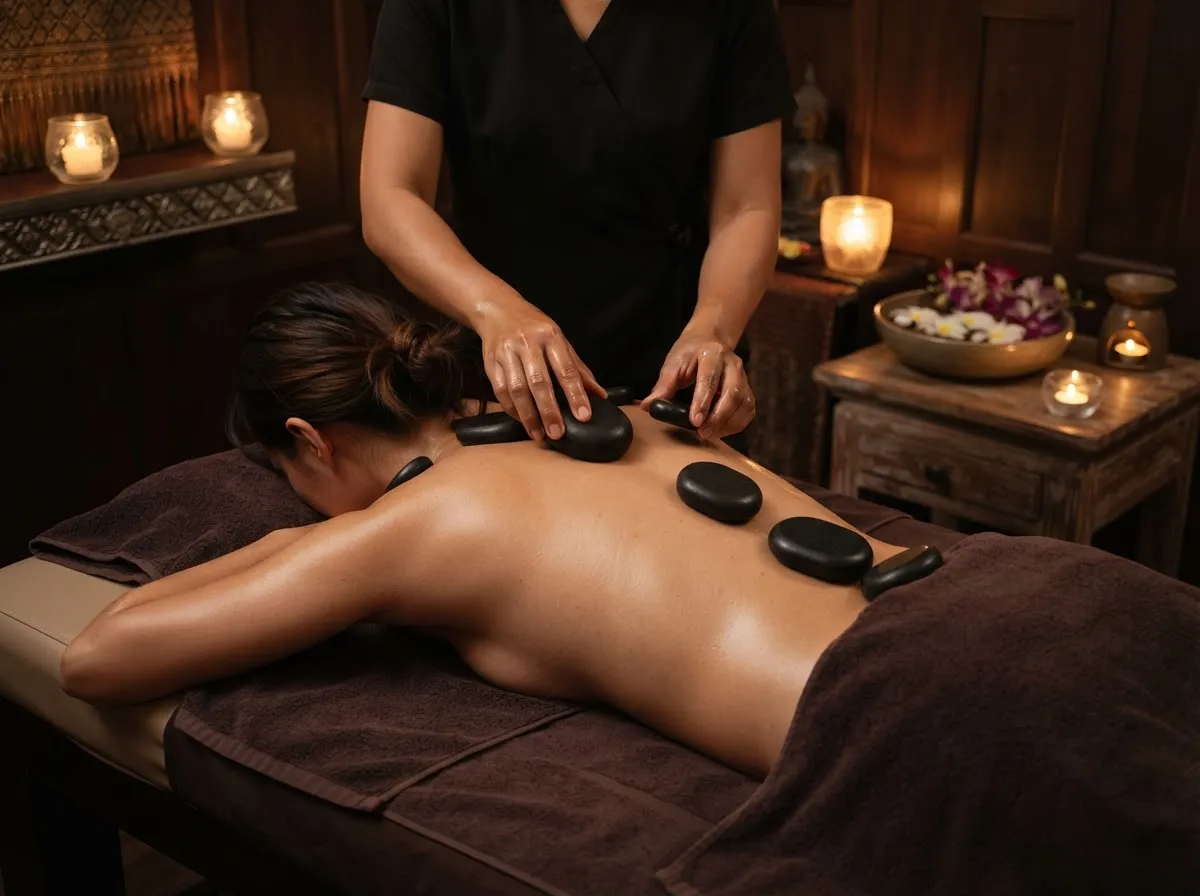 Hot stone massage in a Thai spa with smooth stones on the back.