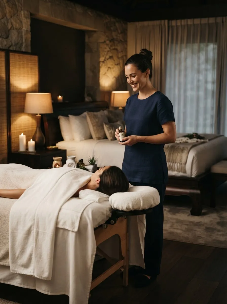 A woman with reddish-brown hair in a dark shirt holding her hands in a traditional Thai greeting (wai), smiling gently. Background features soft candle lighting, a massage table with rolled towels, a bottle of massage oil, and scattered white and yellow frangipani flowers.