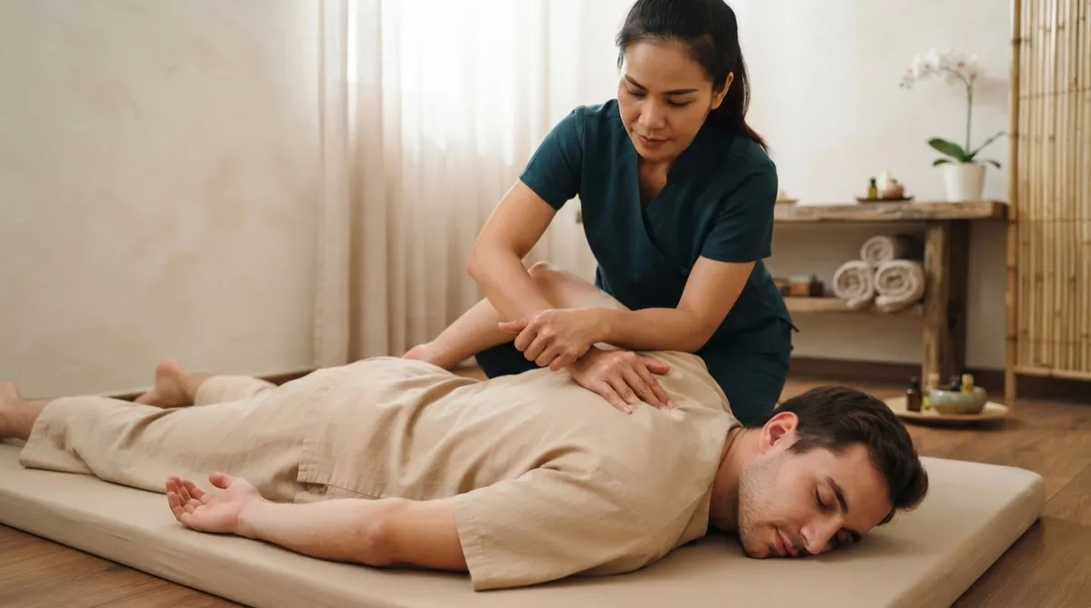 Photo of a person receiving an oil massage on their back.