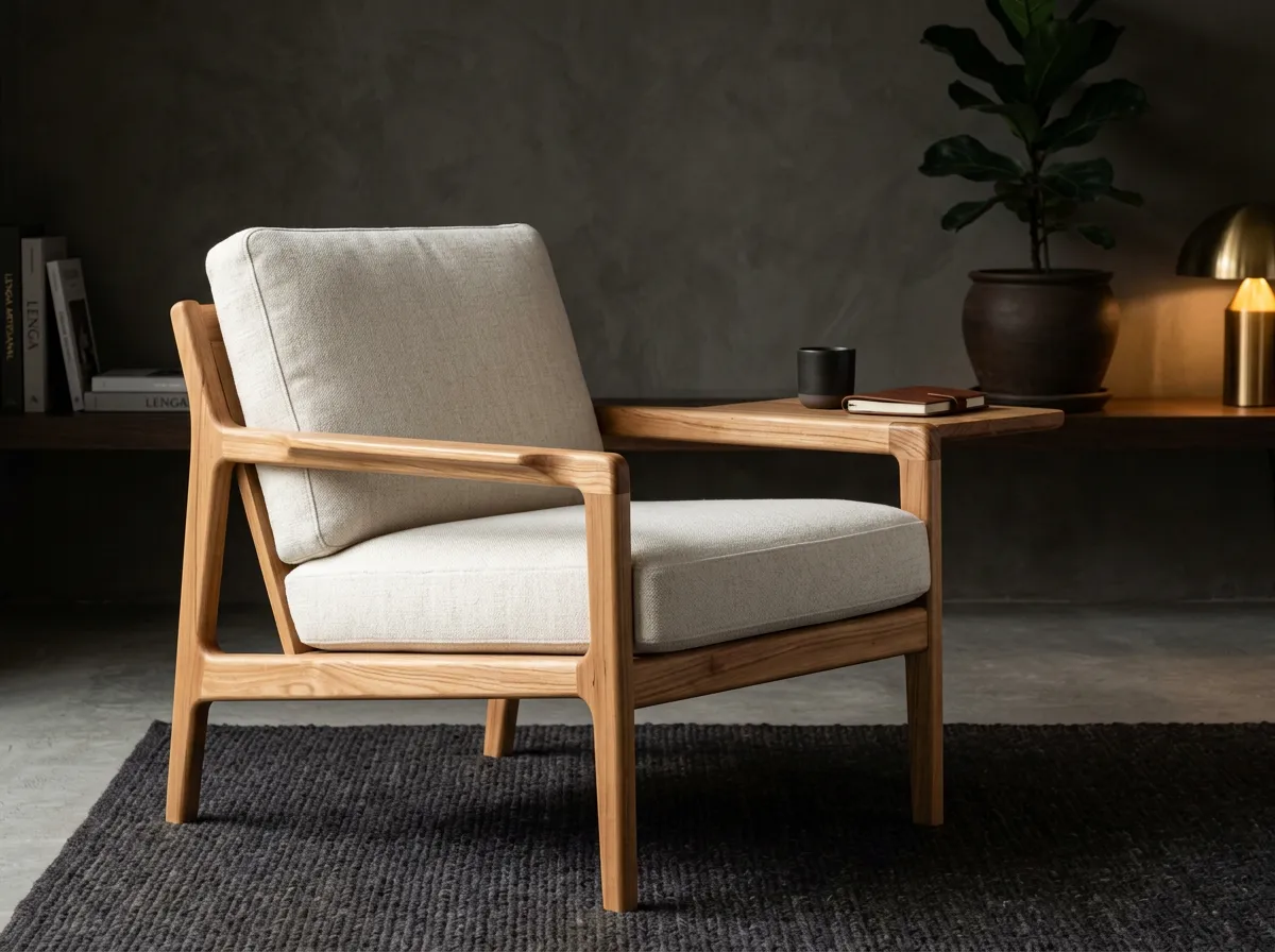 Sillón lounge en lenga natural con mesa lateral integrada