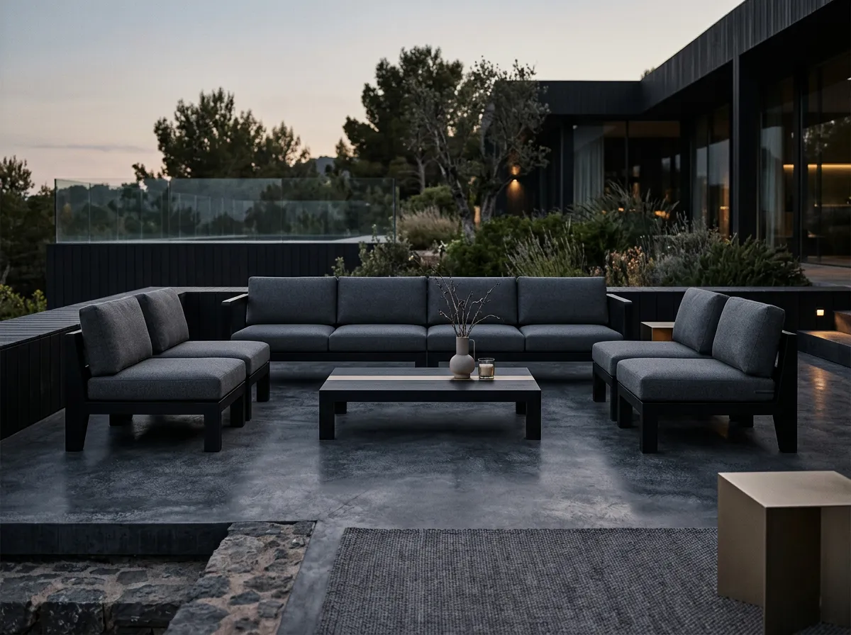 Muebles de terraza en líneas rectas con patas color ébano