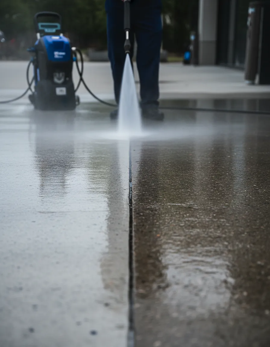 Professional pressure washing a residential driveway and exterior walls