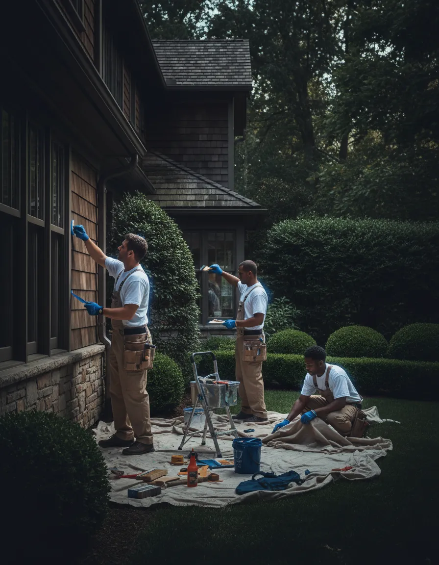 Gianni Paints team performing professional preparation work on a home exterior